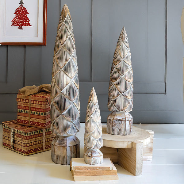 Whitewashed Carved Wooden Christmas Trees, Set of Three General KAL