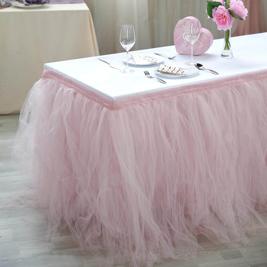 Tulle 14ft Table Skirt Blush - 4 Layer Pleated Tutu Table Cover Table Skirts HIER_2230 Default Title