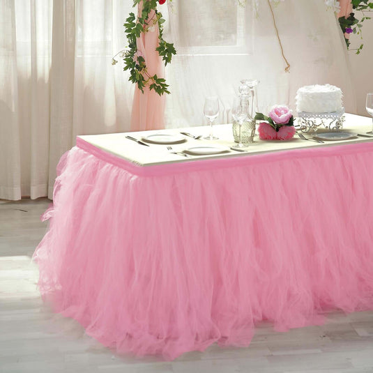 Tulle 17ft Table Skirt Pink/Rose Quartz - 4 Layer Pleated Tutu Table Cover Table Skirts HIER_2230 Default Title