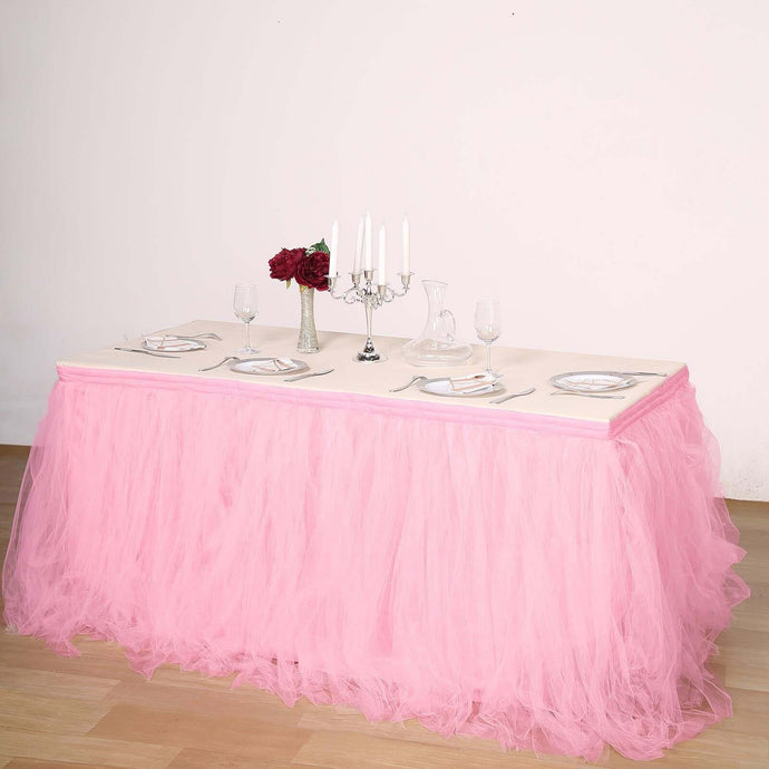 Tulle 21ft Table Skirt Pink/Rose Quartz - 4 Layer Pleated Tutu Table Cover Table Skirts HIER_2230 Default Title