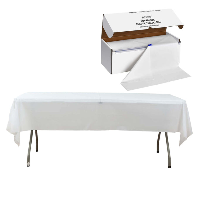 Plastic Table Cover Roll White with Slide Cutter - Customizable Disposable Tablecloth Roll 54