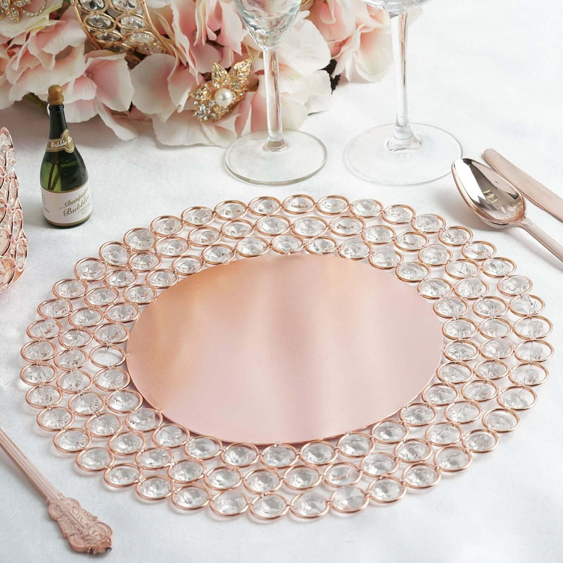 Wired Metal Round Charger Plate 14" in Rose Gold with Acrylic Crystal Beads, Glamorous Decorative Dinner Charger Tableware Decorative Chargers PROstorez Default Title