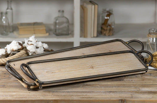 Rustic Metal Framed Wood Trays, Set of Two General VIP